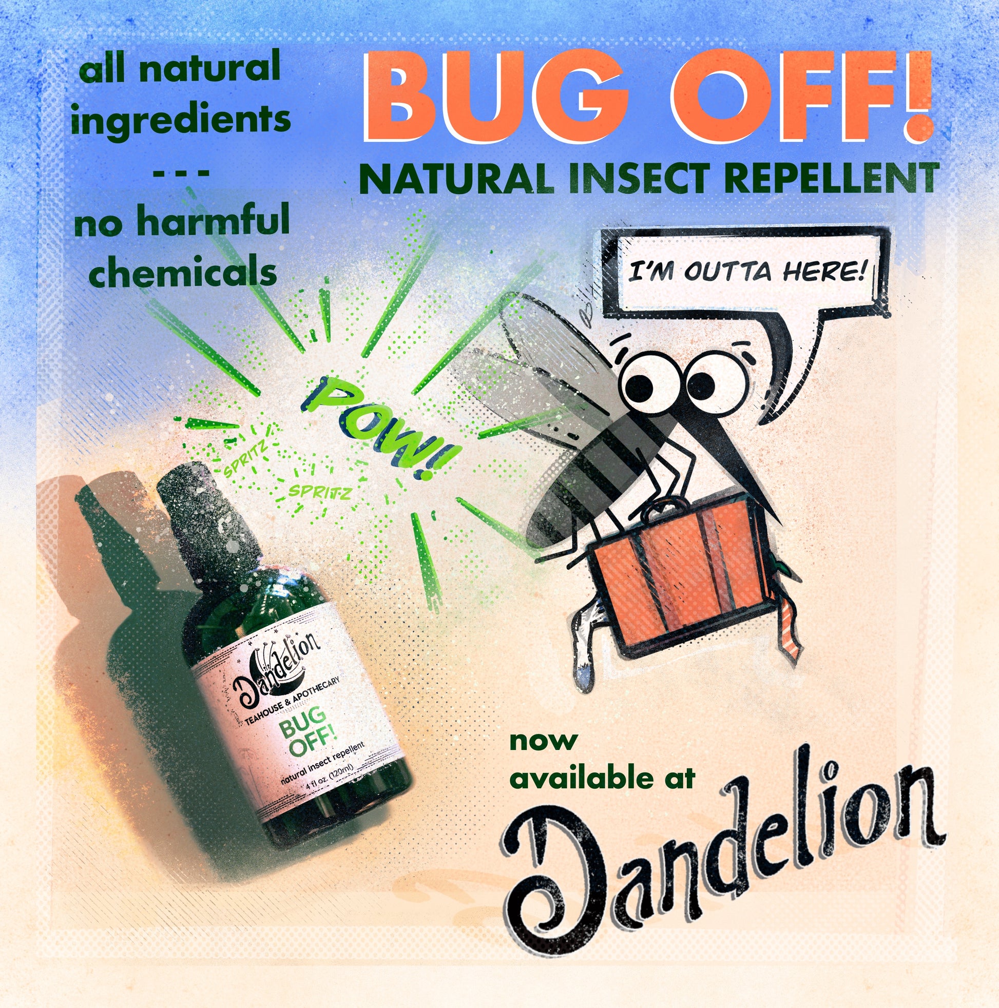 photo of dandelion's bug off spray with an illustration of a mosquito with a suitcase saying i'm outta here